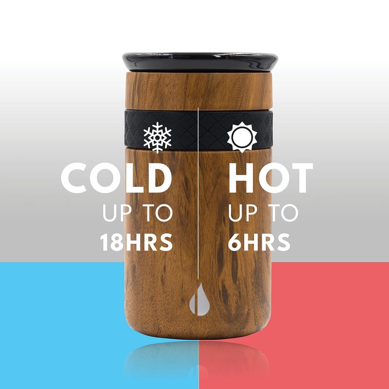 Elemental Artisan Insulated Tumbler, Triple Wall Coffee Travel Mug, Reusable Stainless Steel Coffee Tumbler with Ceramic Lid, Thermal Coffee Cups for Hot (6 Hrs) & Cold (18 Hrs), 12oz - Teak Wood - Image 3